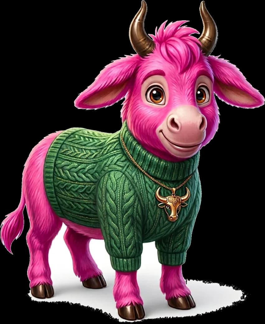 Donny, a pink donkey wearing bull horns and a bull necklace